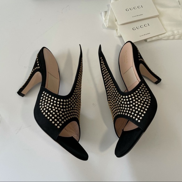 GUCCI Exaggerated point Crystal Suede Mules Black 37 7 glam era Renaissance - Picture 16 of 17